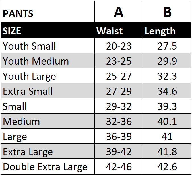 Pants size chart