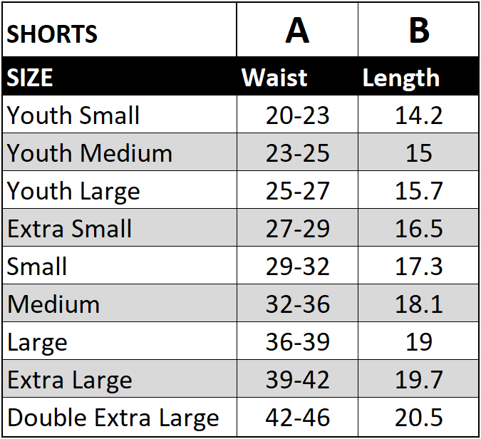 Shorts size chart